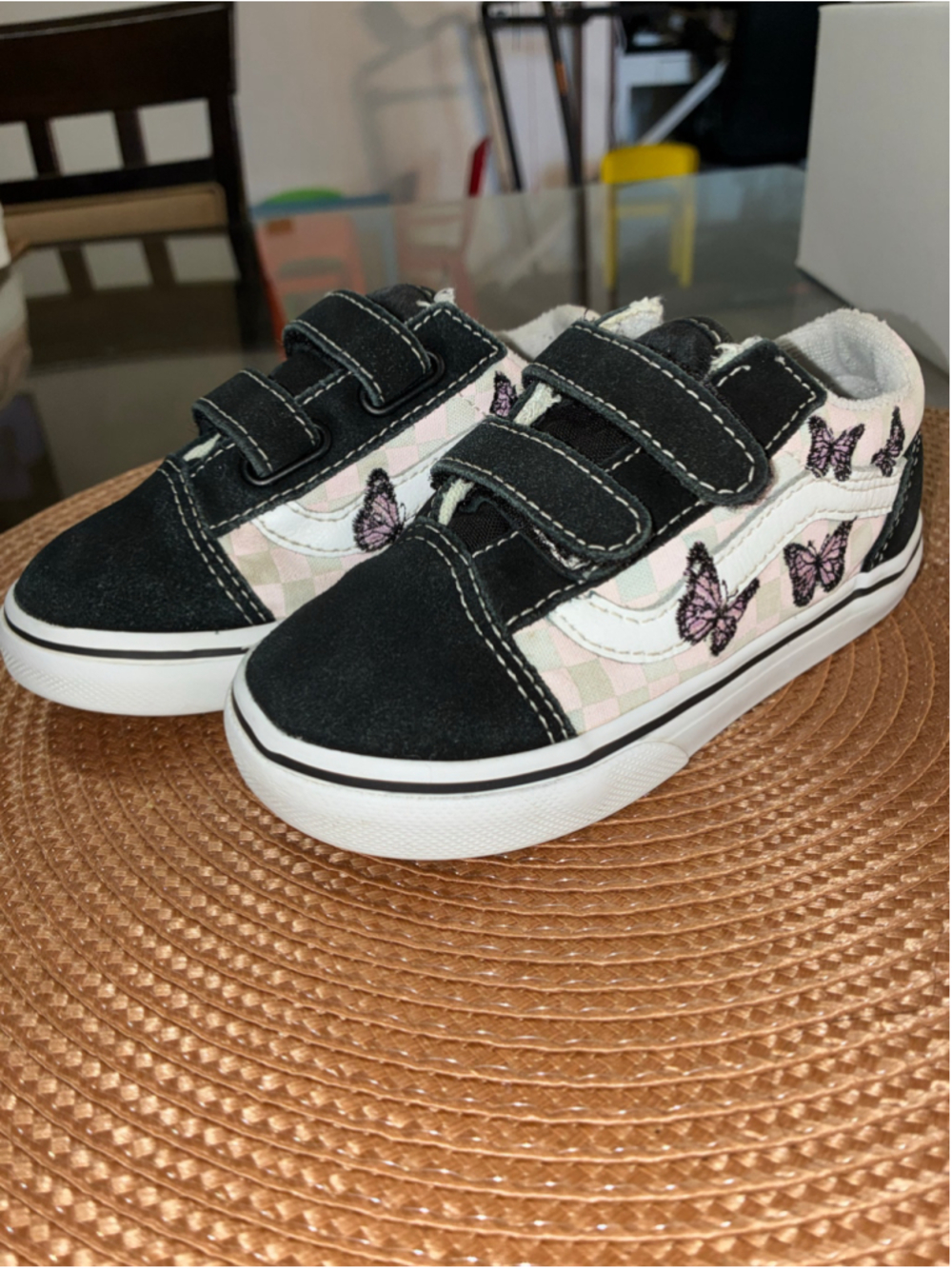 Girls Vans Butterfly Checkerboard Toddler Shoes Size 9 Black Pink